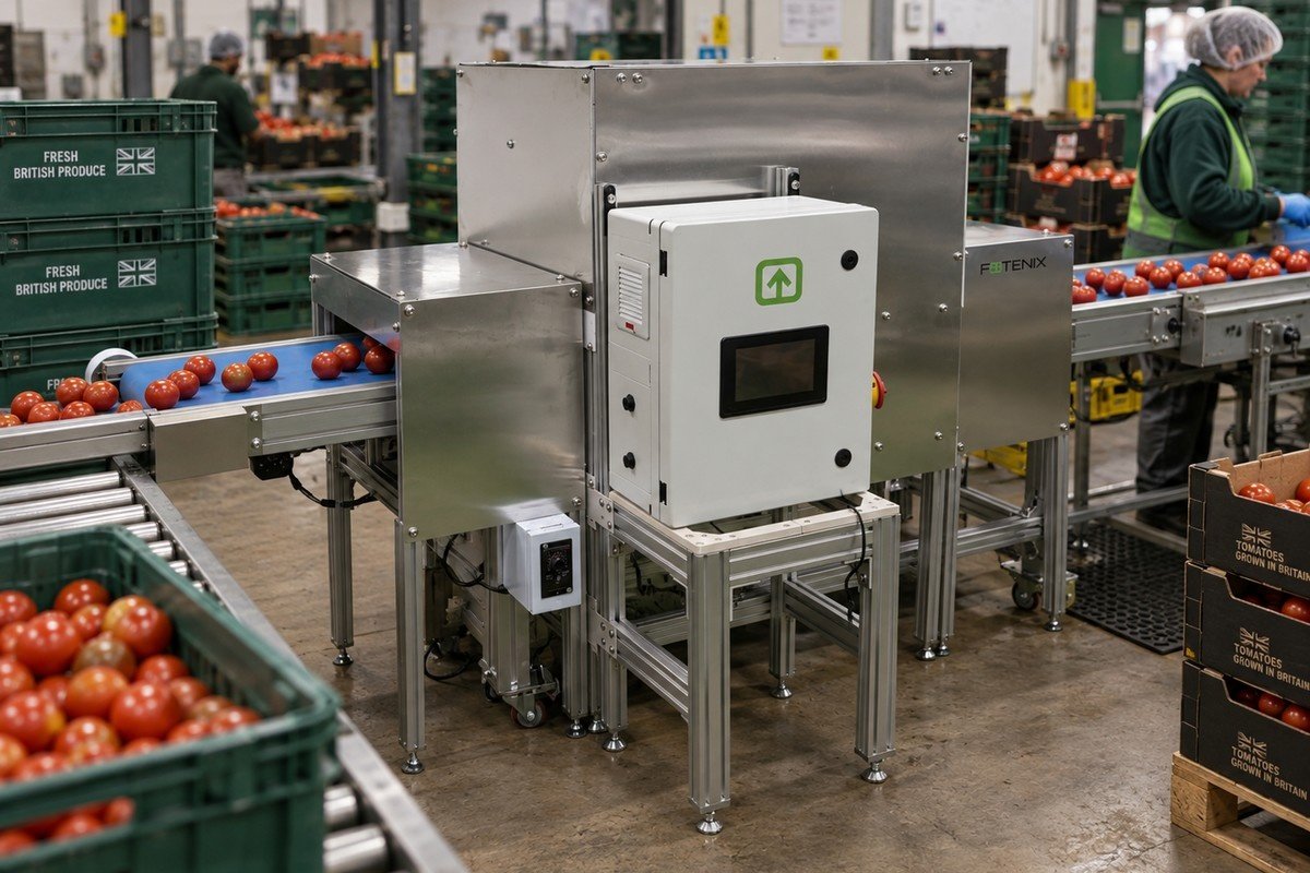 Fotenix quality inspection equipment installed over a tomato conveyor in a packhouse